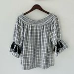 Very J Gingham Tassel Off Shoulder Blouse Photo 4