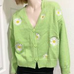 Embroidered Daisy Flower Green Knit Cardigan Women’s Sweater Size S/M Photo 1