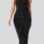Halara Deep V Neck Halter Tie Ruched Midi Casual Dress Photo 0