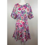 Fate Women Frances Floral Pleated Skirt Dress Sz L Puff Sleeve Colorful Feminine Pink Size L Photo 1