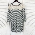Umgee Striped Crochet Lace Shoulder Tee Shirt Dress Gray Ivory Medium Photo 5
