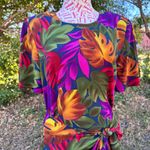Vintage 80s Tess Dress Bright‎ Tropical Floral Tie Waist Made Hong Kong Size 6 P Red Photo 1
