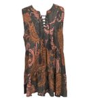 Ella Moon BOHO Earth Tones Paisley Lace Up Tunic Blouse Top Gray & Orange Medium Photo 4