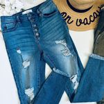 KanCan Heavily Distressed High Waist Buttonfly Midwash Fringe Hem Skinny Jeans Blue Size 27 Photo 3