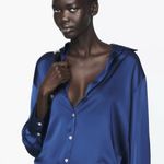 ZARA  Satin Effect V Neck Button Down Shirt Navy Blue sz Small Photo 2