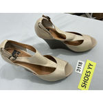 Womans BC Emfait La Chine 8.5 Peep Toe Buckle Beige Leather Wedge Sandals Tan Photo 1