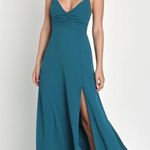 Lulus Dark Teal Ruched Lace-Up Maxi Dress Photo 0