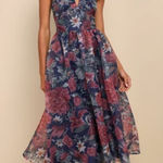 Lulus  Cherished Aura Navy Blue Floral Organza Bustier
Midi Dress Photo 0
