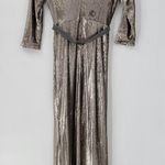 Little Mistress  Womens Sequin Dress 6 Gold Metallic Belt V Neck 3/4 Sleeve Maxi Photo 2