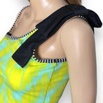 Bow Two Piece Swimsuit Women’s Size Medium One Shoulder with Black Bow Lime Yellow Photo 2