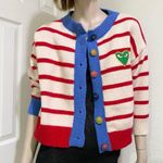 Striped Thick Knit Heart Patch 3/4 Sleeve Cropped Cardigan Sweater Red Photo 1
