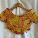 Rococo Sand Patchwork Cropped Off Shoulder Short Sleeve Smocked Handmade Top Yellow Photo 1