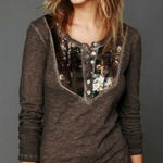 Free People Tiger Eyes Sequin Henley Top Army Combo Size S Long Sleeve Photo 0