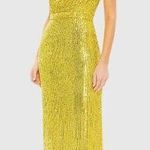 Mac Duggal NEW Ieena for Yellow Sequined Ruched One Shoulder Gown Size 2 Goddess Photo 0
