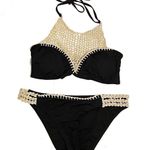 The Bikini Lab Crochet High Neck Bikini Set Top Bottoms Swim Black Hipster Halter Photo 3