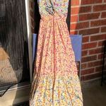 Angie Peach Floral Tiered Sleeveless Boho Ruffle Hem Crinkle Maxi Dress M Photo 0