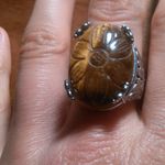 Hand Carved Tiger's Eye Dragon Flower Stainless Steel Cocktail Ring (Size 8) Photo 8