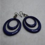 Source Unknown Vintage Blue On Blue Enamel Coated Metal Double Oval Chic Dangle Hook Earrings Photo 0