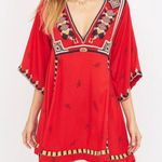 Free People Red V-Neck Shirt with Multi-Colored Geometric Embroidery, Size XS Photo 2