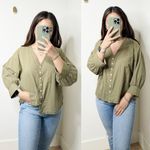 Esby Apparel Lauren 100% Cotton Green Button Down Balloon Sleeve Flowy Top Small Photo 0