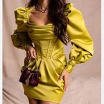 Pretty Little Thing Green Constructed Satin Extreme Puff Sleeve Mini Size 0 NWT Photo 2