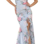 Velvi Cali Maxi Dress in Blue Floral size Small Lace Up Sleeveless Slit Ruffle Photo 0