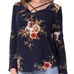 New Flare Sleeve Navy Floral Caged Top Blue Photo 0
