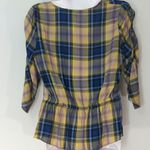 EXPRESS Yellow & Blue Plaid V-Neck Button Peplum Top Small Photo 2