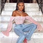 NWT Parisian Off Shoulder Ruched Sheer Top Womens 8 Black Romantic Coquette Pink Photo 1