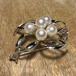 Sterling Silver Floral Cluster Saltwater Cultured White Pearls  Brooch Photo 4