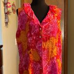 Tess silk orange and pink floral sleeveless blouse ruffles mother of pearl XL Size undefined Photo 0