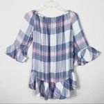 Beach Lunch Lounge Pink & Blue Plaid Off the Shoulder Tunic Blouse Photo 4