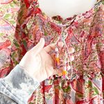 Farm Rio  Macaw Flight Smocked Cotton Long Sleeve Midi Dress Pink Red Small Photo 8