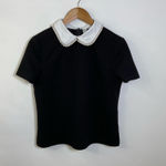 Pearl Detail Collared Short Sleeve Top Size Large Black Photo 0