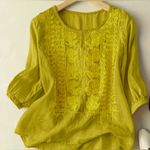 Women Short Sleeve Floral Embroidery Shirt Blouse Peasant Boho Summer Casual XL Yellow Photo 0