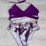 Tropical Print Halter One Piece Monokini Swim Suit Large Wrap Purple Floral Photo 0