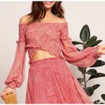 Lucy Paris Womens M Cynthia Smocked Top Red White Cropped Long Sleeve Boho Photo 0