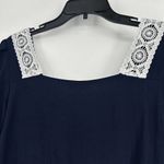 Nanette Lepore  Boho Navy Blue Crinkle Top Lace Trim Square Neck 3/4 Sleeves Sz M Photo 6