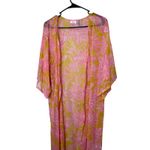 P2F Kimono Duster Pink Yellow Floral Open Front One Size Bohemian Cover Up Photo 1