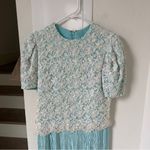 Vintage Richilene Beaded Pearls Pleated Lace Short Sleeve Dress Gown Blue White Photo 2