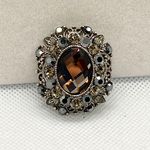Vintage Western Germany Silver Tone Filigree Amber Rhinestone Brooch Pin Brown Photo 0