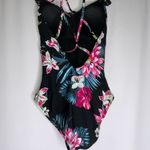 Kona Sol  Black With Pink Tropical Floral Print Lace Up Back One piece Swimsuit M Photo 5