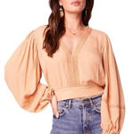 BOG Band of the Free Brie Light Camel Long Sleeve Top Lace Insets V Neck Medium Photo 0