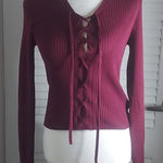 Ambiance Apparel Long Sleeve Lace Up Front Maroon Top L NEW Winter Cozycore Purple Size L Photo 0
