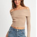 Emory park Tan Metallic Off Shoulder Ribbed Knit Long Sleeve Crop Sweater Top S Photo 0