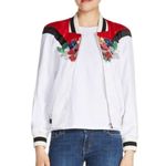 Maje  Betty Satin Embroidered Parrot Floral Red/White Satin Bomber Jacket Photo 1