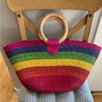 Vintage Pink Rainbow Striped Extra Large Raffia Straw Basket Bag Beach Travel Photo 12