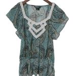 Wrangler Rock47 S Western Crocheted Trim Cotton Top in Turquoise Tan Creme Photo 0