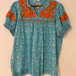 Ivy Jane Sister Mary M 100% Cotton Blue White Floral Embroidered Orange Blouse Size M Photo 0