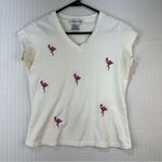 Sunday Brunch Vintage Shirt Cardigan Set Small Pink Flamingos Beaded Embroidered White Photo 3